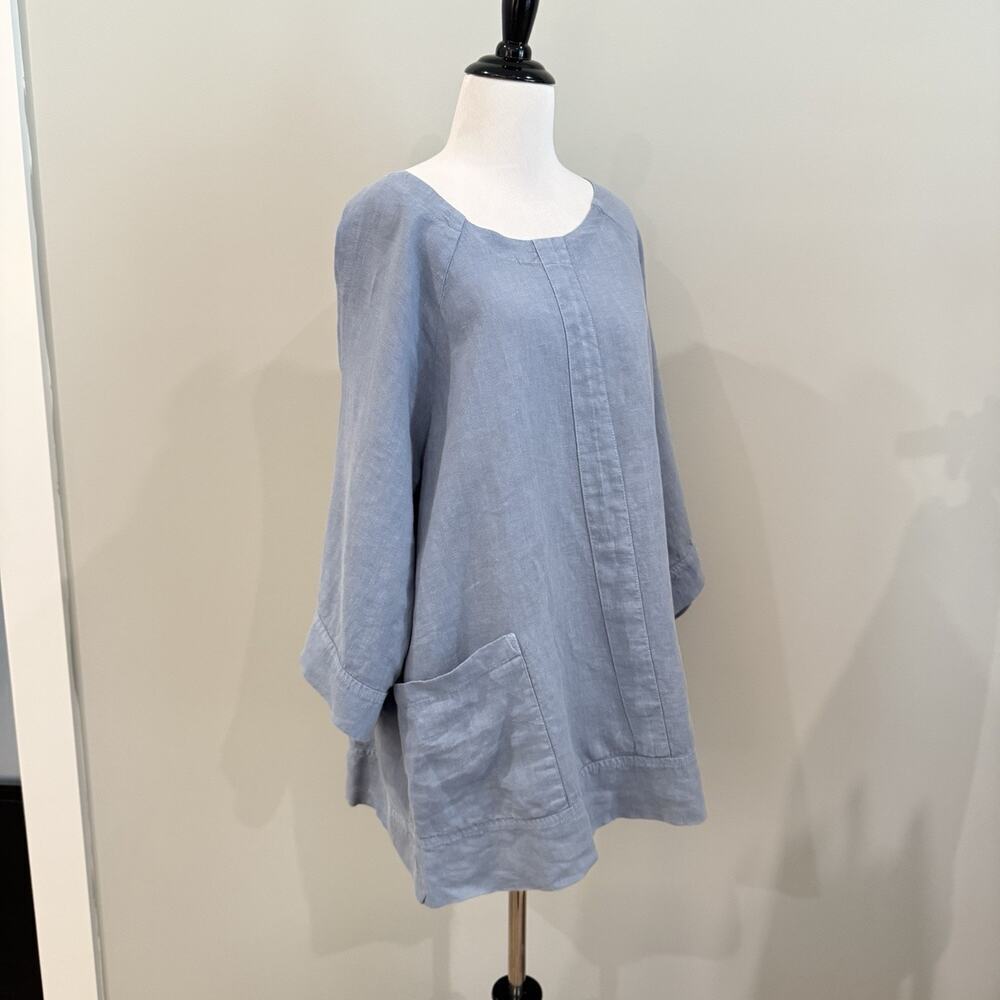 Match Point Tunic Top Blue Linen 3/4 Sleeve Scoop Neck L Lagenlook Oversized - Picture 5 of 11